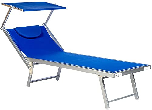 Tumbona plegable de aluminio para playa profesional de aluminio con techo parasol orientable y cojín para piscina, color azul