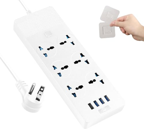 International Power Adapter with 6 Universal Outlet 4 USB Ports (1 USB C), Jumpso 6ft Travel Power Strip, EU UK to US Plug Adapter, 110-240v, 3000w Extension Cord for Home Office White