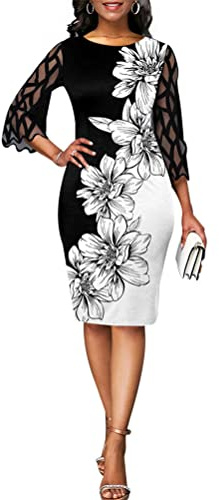 Minetom Abendkleid Damen Druck Business Büro Bleistiftkleid Elegant Kleid 3/4 Ärmel Knielang Festlich Hochzeit Kleider B Schwarz M