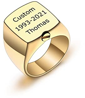 INBLUE Cremation Urn Signet Ring for Ashes Stainless Steel Personalized Photo Rings Text Engraved Mens Ring Memorial Jewelry Keepsake Ring Size Adjusters (Gold, Text, Size P)