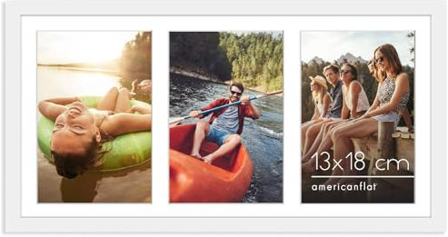 Americanflat 20x41 cm Bilderrahmen Collage Weiß - Zeigen Sie drei 13x18 cm Fotos an Ihrer Wand an - Bilderrahmen für Mehrere Bilder der Familie - Verbundholz mit Bruchsicherem Glas