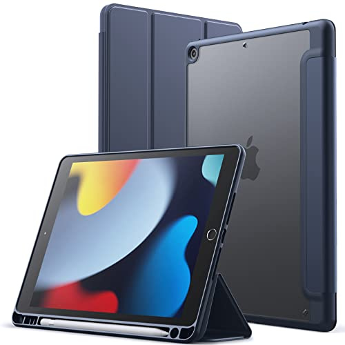 JETech Matt Hülle für iPad 9/8/7 (10,2 Zoll, Modell 2021/2020/2019, 9./8./7. Generation) mit Stifthalter, Mattierte Durchscheinende Rückseite Schlank Ständer Tablet Schutzhülle (Navy)