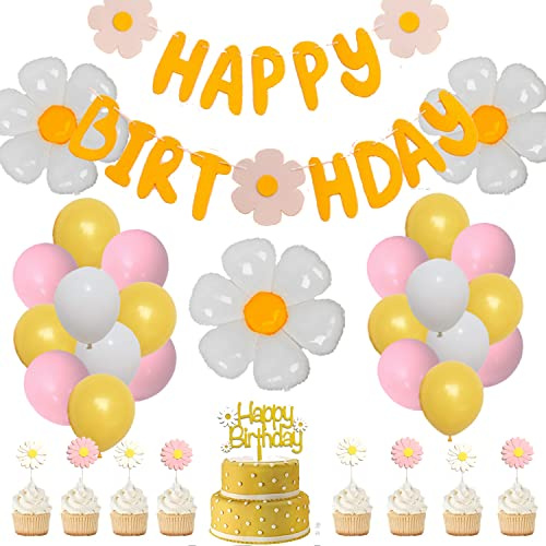 Kit de décorations de fête d'anniversaire en forme de marguerite, bannière « Happy Birthday », décoration de gâteau en forme de marguerite, ballons pour fête d'anniversaire sur le thème de marguerite