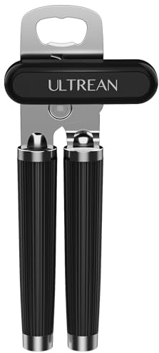 Ultrean Manual Can Opener Bottle Opener, Heavy Duty Stainless Steel Smooth Edge Manual Hand Held Can Opener With Soft Touch Handle, Rust Proof Oversized Handheld Easy Turn Knob (Black)