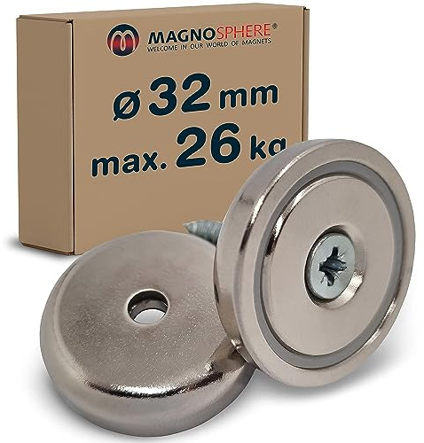 2 x Imán en recipiente de neodimio Ø 32,0 x 8,0 mm con taladro avellanado - tiene 26 kg - 2 piezas - Sistemas magnéticos con agujero para fijación