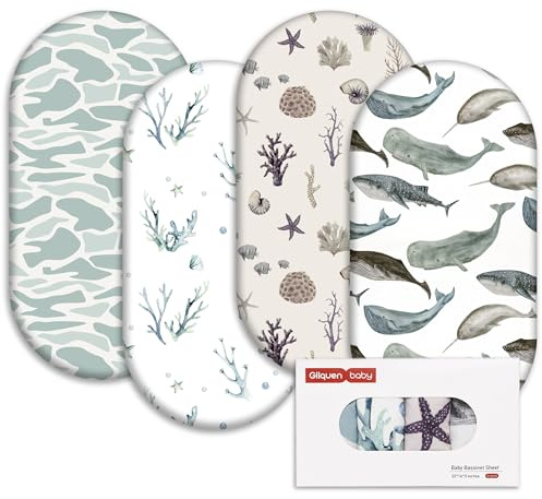 Gllquen Baby Paquete de 4 sábanas para moisés, sábana bajera ajustable transpirable y acogedora, elástica para cuna de viaje, patrón floral de moda, sábanas estándar seguras para cuna para bebés niños
