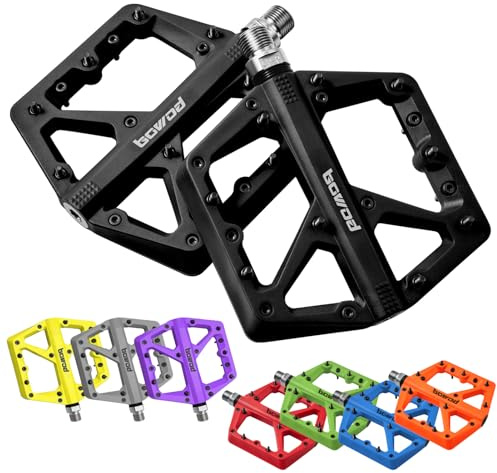 BOWOD Svarta mountainbike-pedaler, platta MTB-pedaler, klämmor, stora cykelpedaler, BMX-racingpedaler, halkfria cykelpedaler med 18 stift, nylonkompositcykel plastpedaler, överdimensionerad 9/16 tum