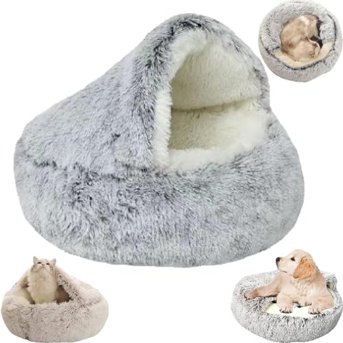 EHOTER Lit Cocoon Confortable pour Animaux d'Hiver pour Chiens et Chats - Lit Couvert pour Chiens de Petite Taille - Coin Confortable pour Chiens - Lit Confortable pour Chats (60 * 60cm, Peluche
