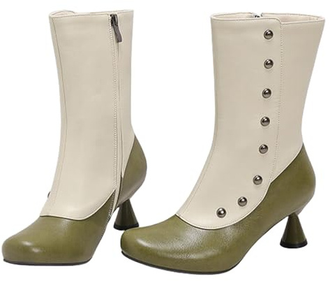 Alyaafifa Kitten Heel Ankle Boots for Women Vintage Closed Round Toe Zipper Booties Wide Calf Two Tone Leather Dress Shoes with Studs Rivets Victorian Fashion Western Boots, Beige Green, 9