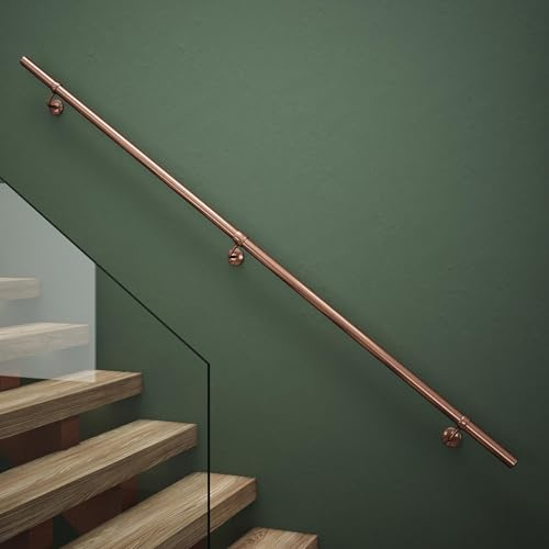 Rothley Antique Copper Stair Hand Rail Kit 2.4M - Internal Staircase Steel Banniser | Includes wall brackets, shallow end caps, and Fischer wall plugs for quick installation with no tube drilling required.