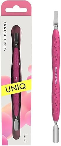 STALEKS PRO Empujador de manicura con mango de silicona (empujador estrecho redondeado y hoja recta) - UNIQ Gummy - Paquete de 1 - Modelo PQ-10/5