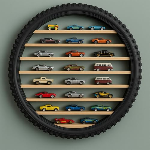 Jungengel Wandregal Spielzeugauto 50cm Reifen-Design - Sammlervitrine Holz mit 8 Böden für 30-50 Autos, Handgefertigt, Hot Wheels Matchbox Display, Vintage-Stil Dekoration Kinderzimmer