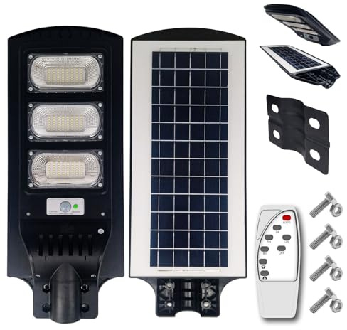MAKA Lampione con Pannello Solare 180w Monocristallino Led Esterno Telecomando Leds Impermeabile Fotovoltaico Ip66 Faro Luce Fredda 6500K 10 Ore Autonomia Sensore Crepuscolare Stradale (J)