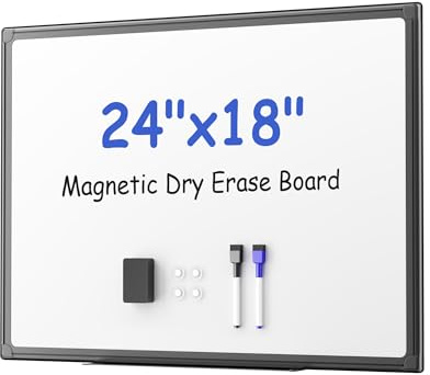 VUSIGN Black Aluminum Magnetic White Board 24 x 18 with Dry-Erase Eraser, Multicolor Markers, Magnetic Pins for Office, Home, School