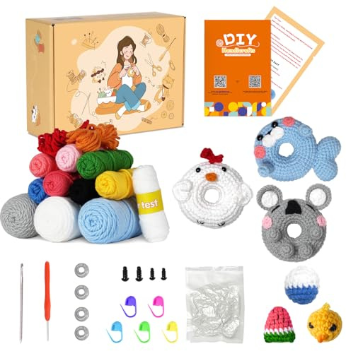 GOHHME Häkelset für Anfänger Tierische Kinder Erwachsene 3 PCS Donuts Vollständiges Set Kreative Handarbeit Kreative Handarbeit mit Mehrwert Das Geschenk für Kreative Köpfe Häkelset Tiere Crochet Set