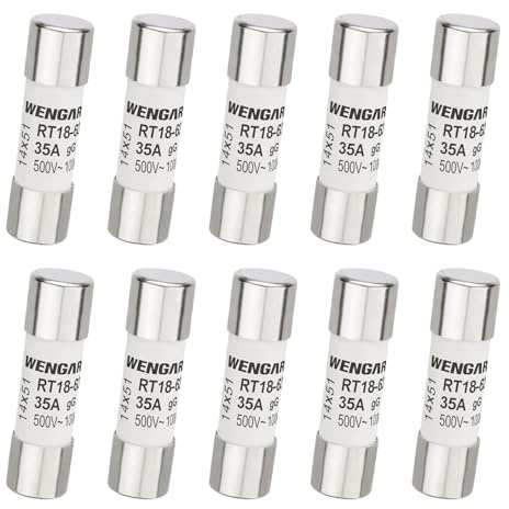 Wengart Pack de 10 Fusibles Cilíndricos de Cerámica 14x51mm, 35A 500V AC, Alta Capacidad de Ruptura 100kA, Fusible Industrial Tipo gG (RO16 / RT18-63) para Protección de Motores