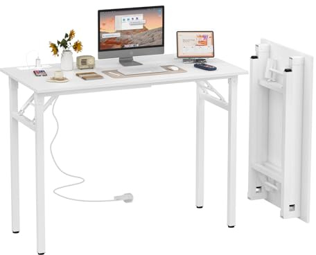 PIPIPOXER 100x50x76cm Schreibtisch Klapptisch mit 2 AC-Steckdosen und 2 USB Ladeanschluss, Klapptisch Computertisch, PC-Tisch, Bürotisch Klappbarer Schreibtisch, für Home, Weiß
