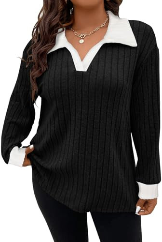 Gemulate Jumpers for Women UK Plus Size v Neck Womens Jumpers Ladies Long Sleeve Tops Ribbed Knitwear Colour Block Tops Woman Autumn Clothes G-Black 5XL