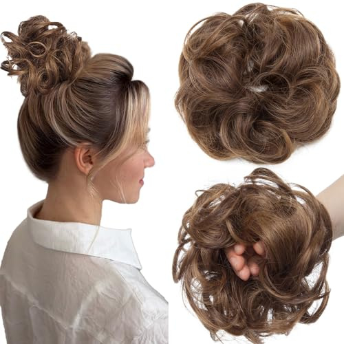 SEGOHAIR Haarteil Mit Gummiband,VOLUMINÖS Unordentlicher Dutt Scrunchie Haargummi Mit Haaren, Brautfrisuren Messy Bun Dutt Haarteil Für Damen Mädchen Mittelhellbraun bis Helle Kastanie 25g