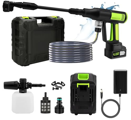 MEKOTRIN 1000PSI Akku-Hochdruckreiniger, Bürstenlos, mit Ladegerät, 6-in-1-Düse, 5 M Verdickter Schlauch, 4 Geschwindigkeiten, LED-Anzeige (Green)