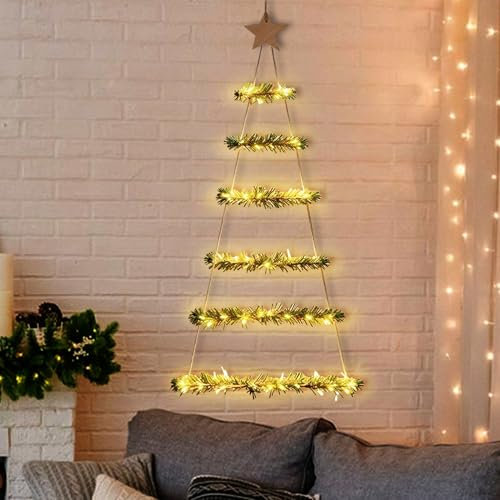 Holzleiter Tannenbaum Wand Deko Holz Weihnachtsbaum Weihnachtsdeko Wanddeko Hängedeko zum Dekorieren Strickleiter Zierschmuck zum Aufhängen, Weihnachtsbaum Hängedeko für Weihnachtsdeko Innen Außen (C)