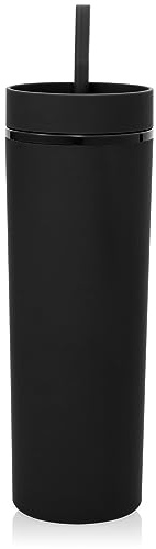 Volhoply 550 ml tunn tumlare i plast, dubbla väggar med lock och sugrör, 20 oz återanvändbar iskaffemugg, BPA-fri matt akrylvattenkoppar med sugrör för fester, gör-det-själv-gåvor (svart, 1 set