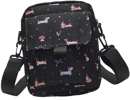HINAYOSAN Modische Cartoon-Dackel-Muster, kleine Umhängetasche, japanische Umhängetasche, Geldbörse, für Freizeitausflüge, lässiger Tagesrucksack, Schwarz , One Size