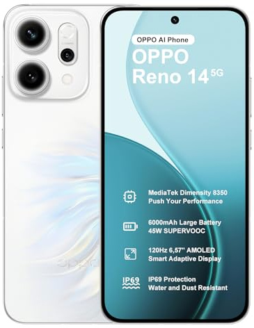 OPPO Reno14 5G 12 256GB Smartphone Android Sbloccato, Dimensity 8350 Telefono, Fotocamera AI 50 8 50MP, 6000mAh, SUPERVOOC 80W, Schermo AMOLED 6,59 120Hz, IP69, Video 4K, NFC, Dual SIM, Bianco