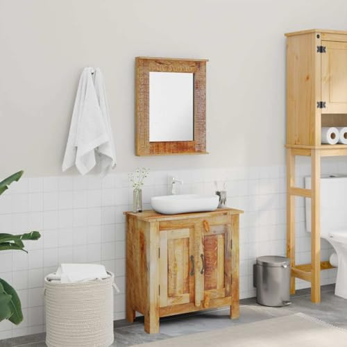 KTHLBRH Set di mobili da bagno vintage con vanità antica e specchio con cornice in legno massello di manico, altezza 60 cm, 2 ripiani, design robusto e durevole per lavabo
