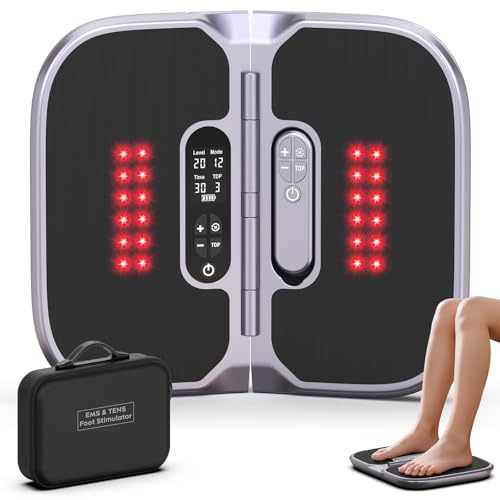 Circulation Machine Booster Foot Massager for Pain Relief, EMS TENS Foot Stimulator for Leg Circulation, Foldable Design with Soft Silicone Contact Pad, 20 Intensities, Remote Control & Travel Bag
