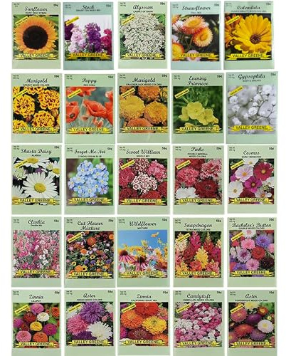 25 Slightly Assorted Flower Seed Packets - Includes 10+ Varieties - May Include: Forget Me Nots, Pinks, Marigolds, Zinnia, Wildflower, Poppy, Snapdragon and More - Made in the USA
