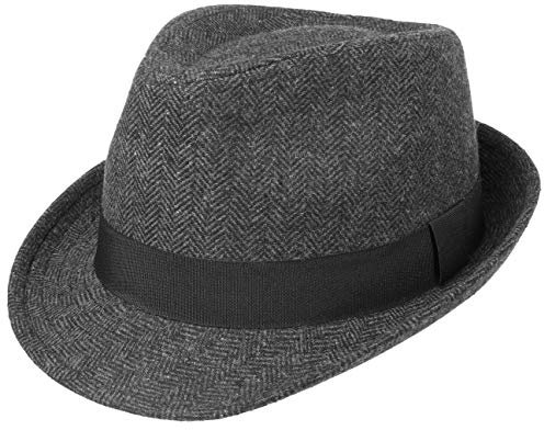 Lipodo Trilby Hut Herringbone Damen Herren Stoffhut Classic Ripsband Fischgratmuster Fedora Sommer Winter schwarz-grau M (57-58 cm)