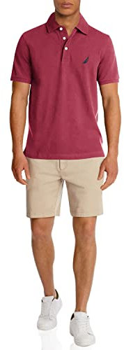 Nautica Polo de piqué de algodón elástico de Manga Corta para Hombre, Granate, Large