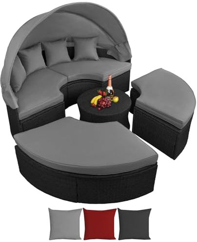 BB Sport Poly Rattan Sonneninsel Ø 180 cm Groß Lounge Muschel Sonnendach Faltbar Klappbar 10cm Dicke Auflagen Zierkissen Garteninsel Terrasse Garten, Farbe:Titan-Schwarz/Kieselstrand