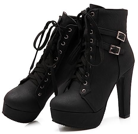 Bellirala Womens Platform Lace Up Biker Boots Chunky High Heel Booties Buckle(black,US Size 7)