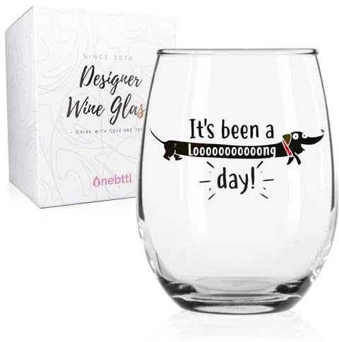 Dachshund Gifts for Women Men, Funny Glass for Sausage Weiner Weenie Dog Lover, Owner, Onebttl 550ml Stemless Wine Glass, It's Been A Long Day