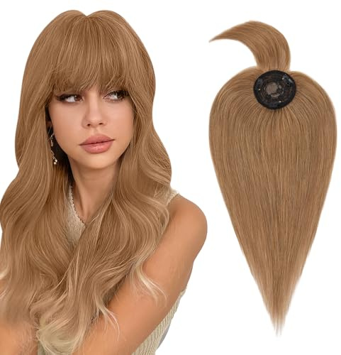Silk-co Topper Extensions Haarteile Echthaar Clip in Extensions Echthaar Weich Natürlich Glatt Toupet Haarverlängerung mit Pony(11cm lang) 7A Remy Haare 40cm-42g 06# Hellbraun