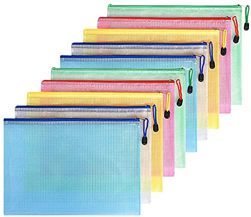 FYY Dokumententasche A5,10 Stücke Datei Taschen mit Reißverschluss,Mesh Kunststoff Reißverschlusstasche,Schulbüro Hausaufgaben für Datei,Papier,Quittungen,Dokumente,Kosmetika,Farbe Taschen