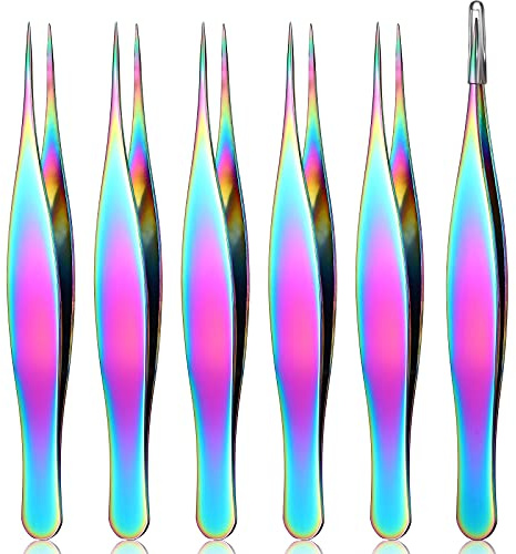 Honoson 6 Pieces Tweezers for Ingrown Hair Remover Pointed Blackhead Remover Point Tip Tweezers Stainless Steel for Nose Facial Hair Eyebrow and Shards(Rainbow Color)