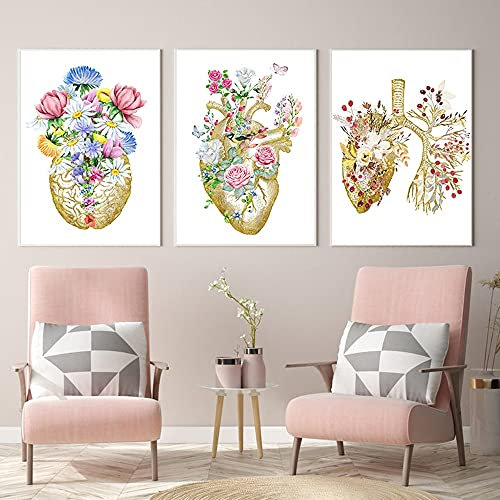 Quadri su tela Vintage Anatomia Umana Floreale Cuore Cervello Arte Della Parete Della Tela Dipinto Retro Poster e Stampe Decorazione Clinica Medica Senza cornice