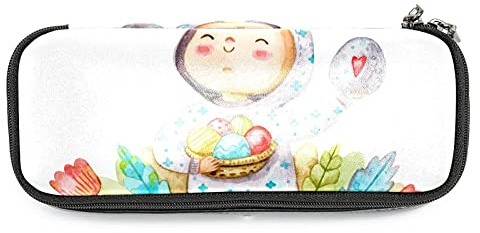 Large Capacity Pencil Case Organizer, Leather Students Stationery Pouch, Double Zipper Pencil Pen Box Bag Watercolor Boy Take Easter Eggs