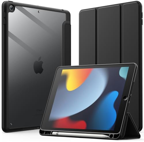 JETech Hülle für iPad 10,2 Zoll (9./8./7. Generation, 2021/2020/2019) mit Stifthalter, Klare Transparente Rückseitenschale Dünner Ständer Stoßfeste Tablet Schutzhülle (Schwarz)