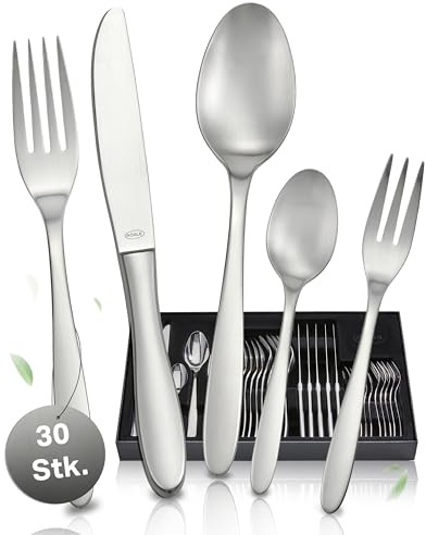 RÖSLE CULTURE Besteck Set für 6 Personen – 30-teiliges Matt Poliertes Essbesteck aus Edelstahl 18/10 – Premium Geschirrset, Spülmaschinengeeignet, in Eleganter Geschenkbox | Matt poliert, mit Menümessern, Gabeln, Löffeln, Kaffeelöffeln und Kuchengabeln, spülmaschinengeeignet, in Geschenkbox