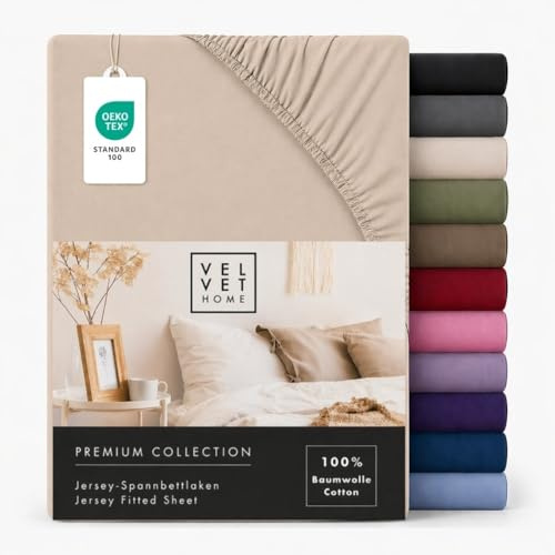 VelvetHome Spannbettlaken 200x220 cm 100% gekämmte Baumwolle, Jersey Spannbetttuch für Matratzen bis 25 cm Höhe, Oeko-Tex Zertifiziert, bügelfrei, elastisch, atmungsaktiv, weich, Beige