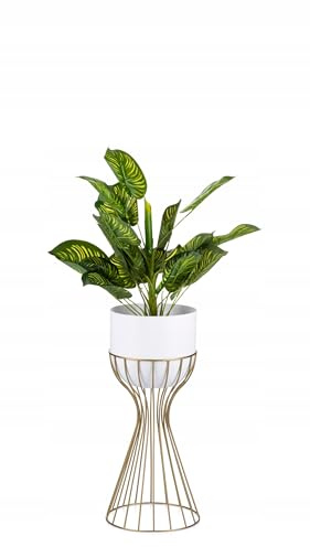HowHomely Moderne Blumenständer Metall 46 cm Hoch mit Weiß Blumentopf Rund 18 cm Ø auf Robuste Gold Ständer - Pflanzenständer zur Dekoration Innenräumen