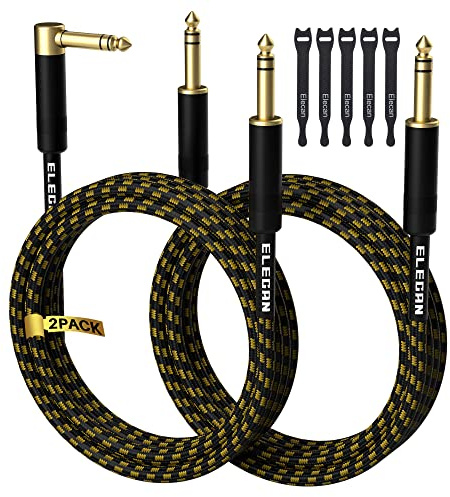 Elecan 1/4 Inch TRS Instrument Cable 6 Ft/2 Pack-Right Angle+Straight to Straight 6.35mm Male Jack Stereo Audio Interconnect Cord-Gold Plated-Braided-Balanced Line for Electric Guitar Bass+ 5 Ties