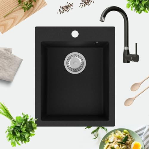 GRANMASTER Ivo Granitspüle 1 Becken mit Armatur und Siphon - Spülbecken Arbeitsplatte Küche Waschbecken mit Granit Schwarz Wasserhahn - 40 x 50 x 19,2 cm Spüle ohne Abtropffläche in Schwarz Metallic