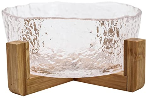 Piatti piani Ciotole Fondi Insalatiera in vetro trasparente modello martello Home verdura frutta dessert ciotola insalatiera cristallo con supporto in legno Insalatiera (Color : A2pc)