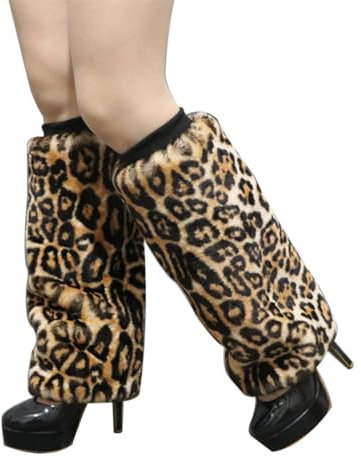 Inzegao Fuzzy Lange Winter Kunstpelz Beinlinge für Frauen Warme Beinstulpen für Cosplay Party, Kurzes Plüsch mit Leopardenmuster, length 15.7