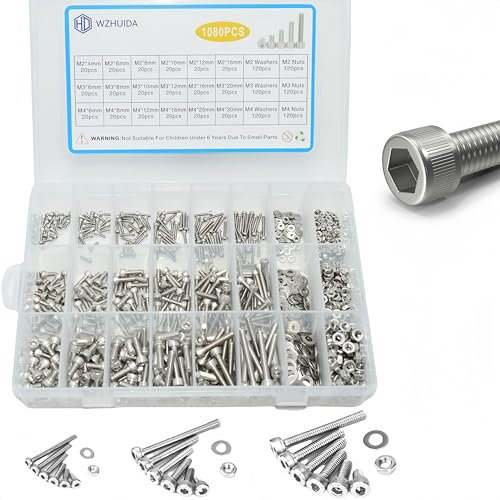 WZHUIDA 1080 Stück M2 M3 M4 Schrauben Set, Edelstahl Zylinderschrauben mit Innensechskant Gewindeschrauben Muttern und Unterlegscheiben Set mit 3 Schraubenschlüsseln